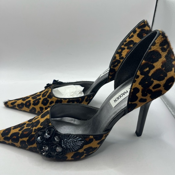 Steve Madden Leopard Print Pony Hair Heels Size 7.5 Pointed Toe With Embellish - Picture 10 of 11